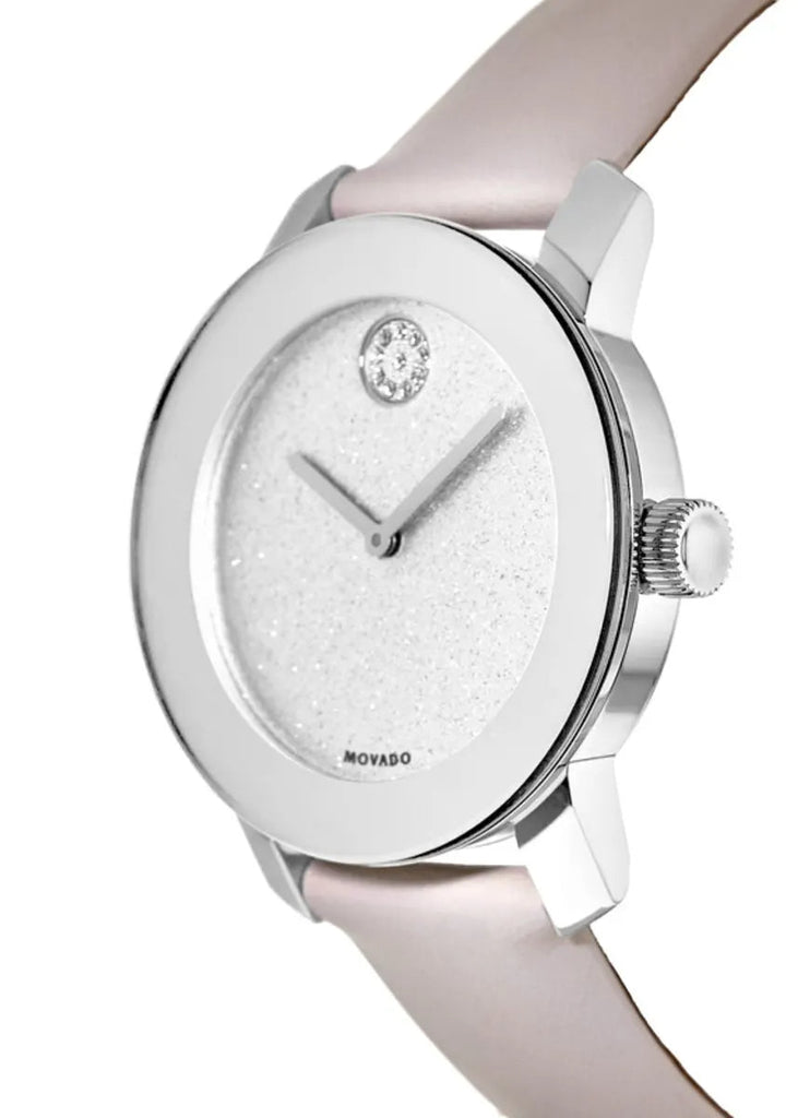 Movado Bold Glitter Silver Dial Pink Leather Strap Watch For Women - 3600522