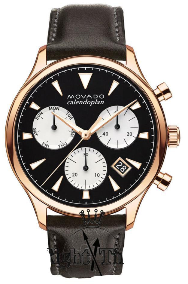 Movado Heritage Calendoplan Chronograph Black Dial Brown Leather Strap Watch for Men - 3650021