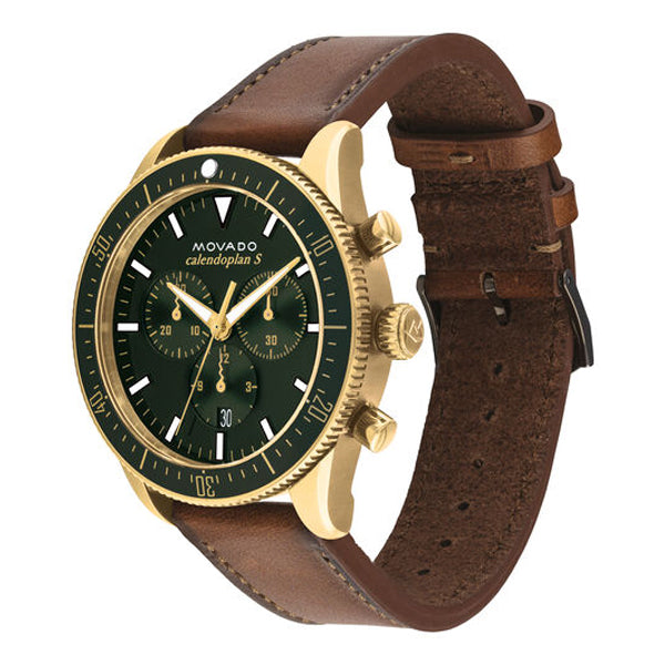 Movado Heritage Chronograph Green Dial Brown Leather Strap Watch For Men - 3650062