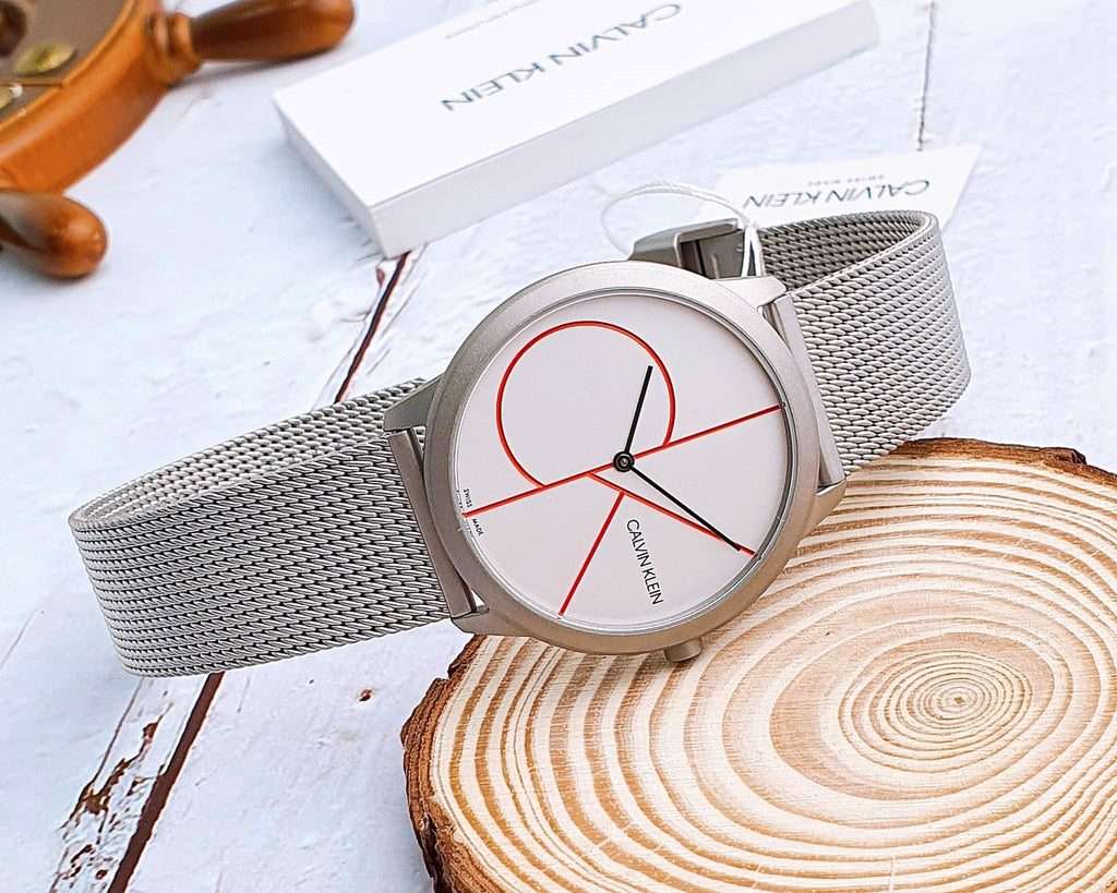 Calvin Klein Minimal White Dial Silver Mesh Bracelet Watch for Men - K3M51152
