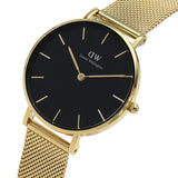 Daniel Wellington Classic Petite Black Dial Gold Mesh Bracelet Watch For Women - DW00100347
