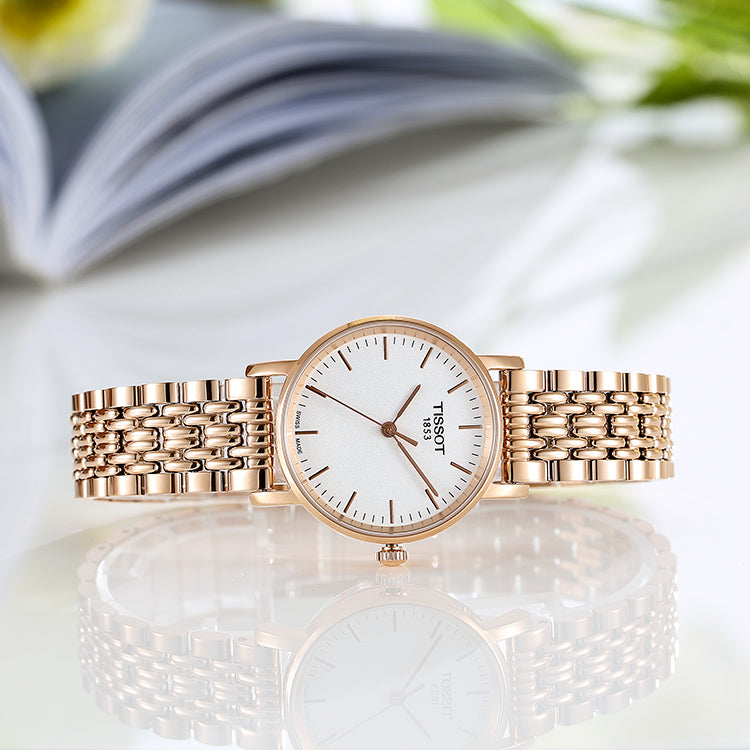 Tissot T Classic Everytime Small White Dial Rose Gold Mesh Bracelet Watch For Women - T109.210.33.031.00