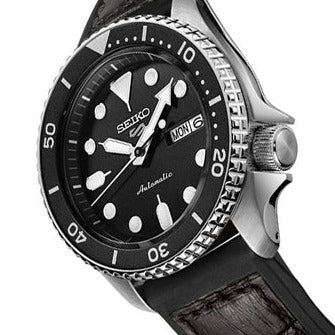Seiko 5 Sports SKX Automatic Black Dial Black Leather Strap Watch for Men - SRPD55K2