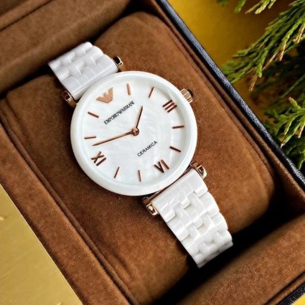 Emporio Armani Ceramica Mother of Pearl Dial White Ceramic Strap Watch For Women - AR1486