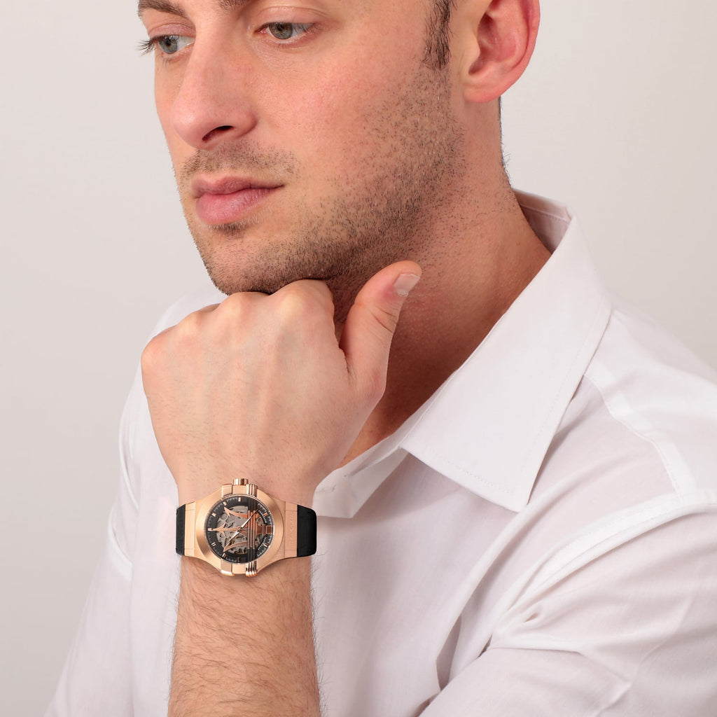 Maserati Potenza Automatic Skeleton Black Dial Black Leather Strap Watch For Men - R8821108039