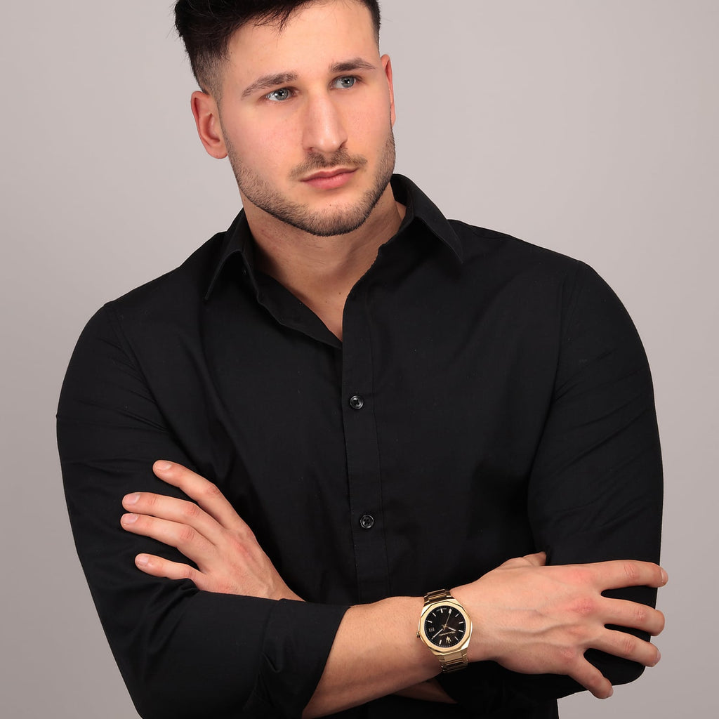 Maserati Stile Black Dial Gold Steel Strap Watch For Men - R8853142004