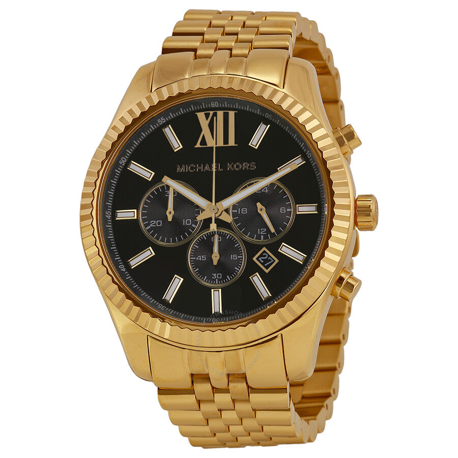 Michael Kors Lexington Chronograph Black Dial Gold Steel Strap Watch for Men - MK8286