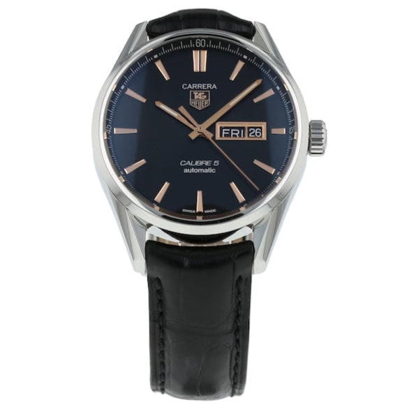 Tag Heuer Carrera Calibre 5 Automatic Black Dial Black Leather Strap Watch for Men - WAR201C.FC6266