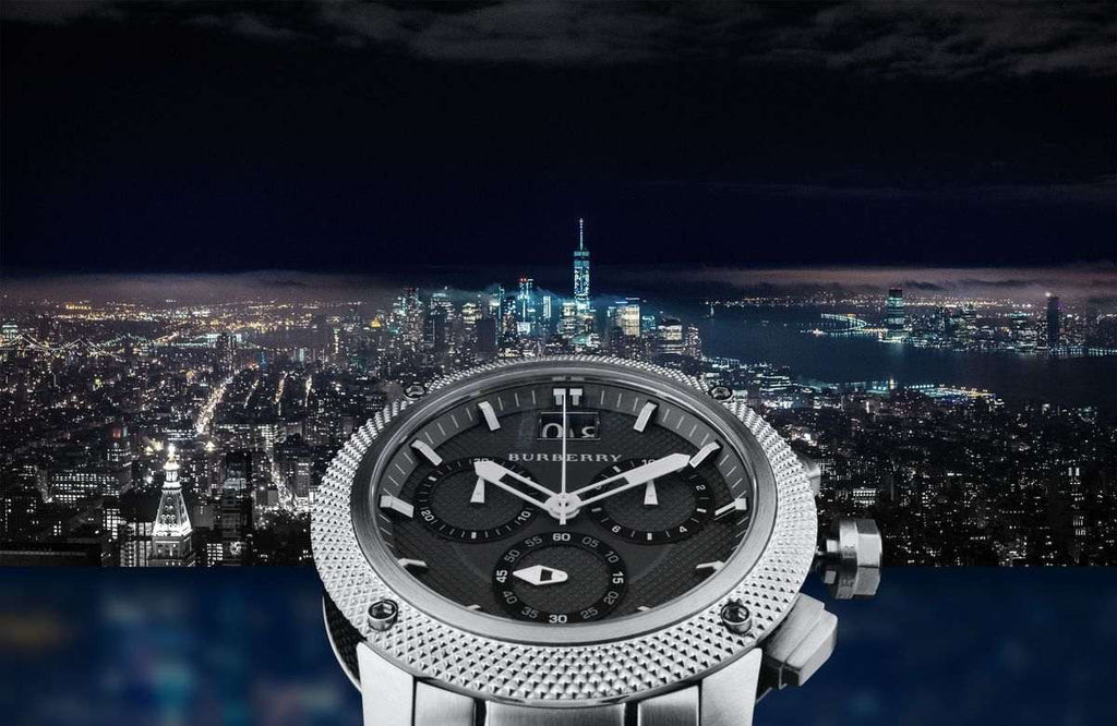 Burberry Utilitarian Chronograph Black Dial Silver Steel Strap Watch For Men - BU9800