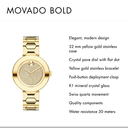 Movado Bold Crystal Gold Dial Gold Steel Strap Watch For Women - 3600492