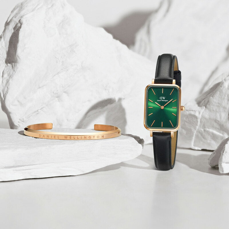 Daniel Wellington Quadro Pressed Melrose Emerald Green Dial Black Leather Strap Watch For Women - DW00100446