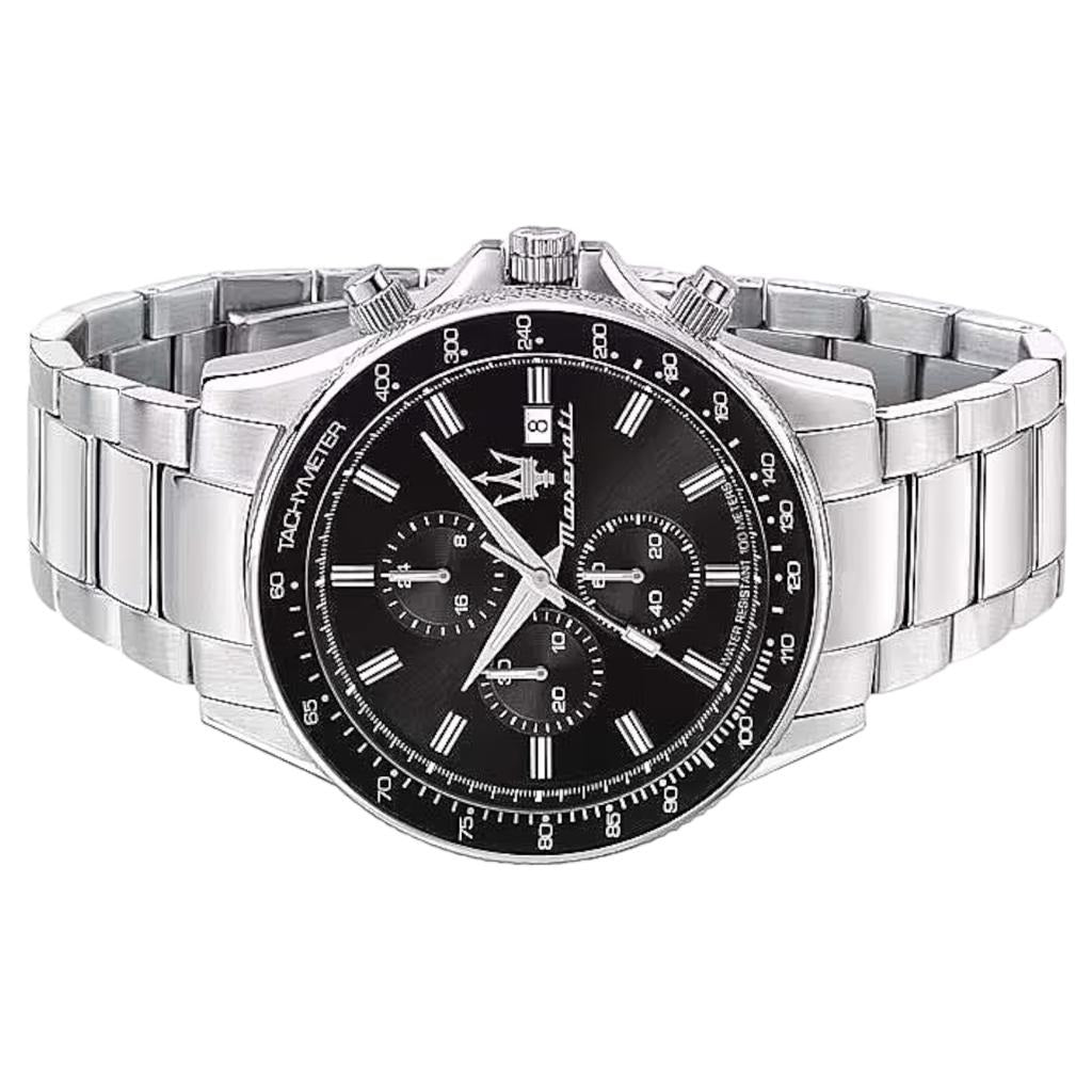 Maserati SFIDA Chronograph Black Dial Silver Steel Strap Watch For Men - R8873640015