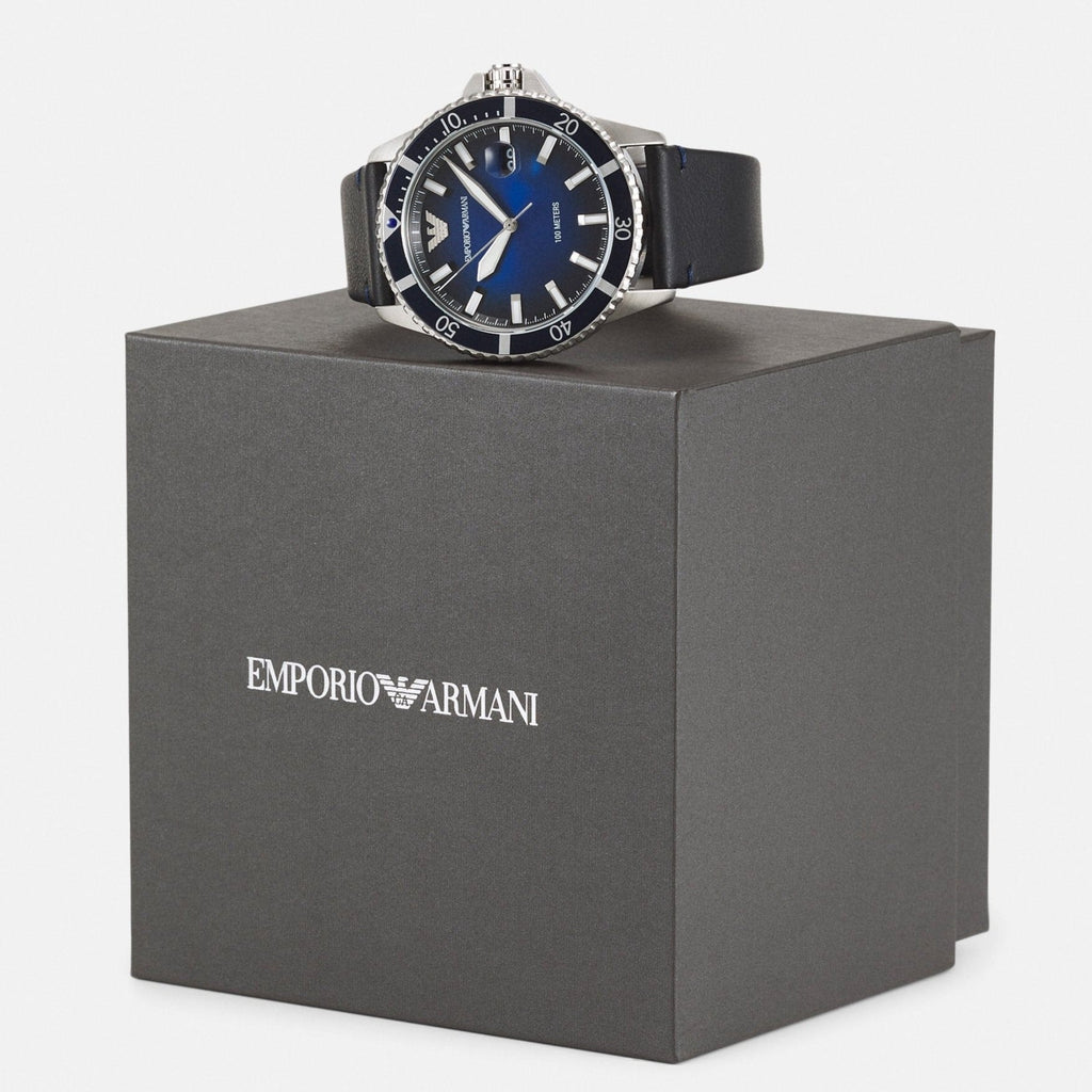 Emporio Armani Diver Three-Hand Quartz Blue Dial Blue Leather Strap Watch For Men - AR11516