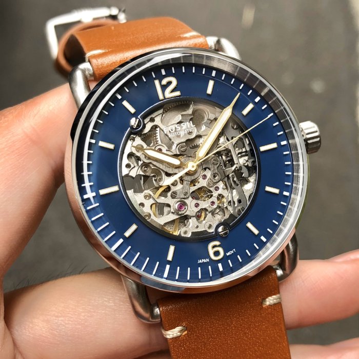 Fossil Commuter Automatic Skeleton Blue Dial Brown Leather Strap Watch for Men - ME3159
