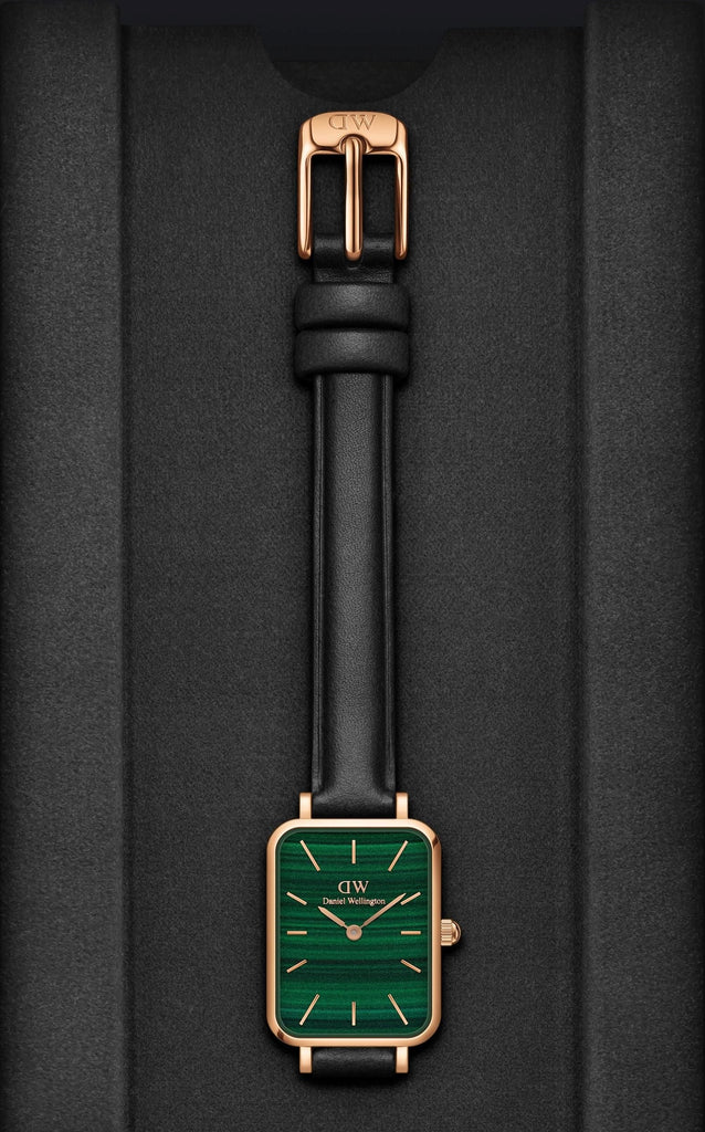 Daniel Wellington Quadro Pressed Sheffield Green Dial Black Leather Strap Watch For Women - DW00100439