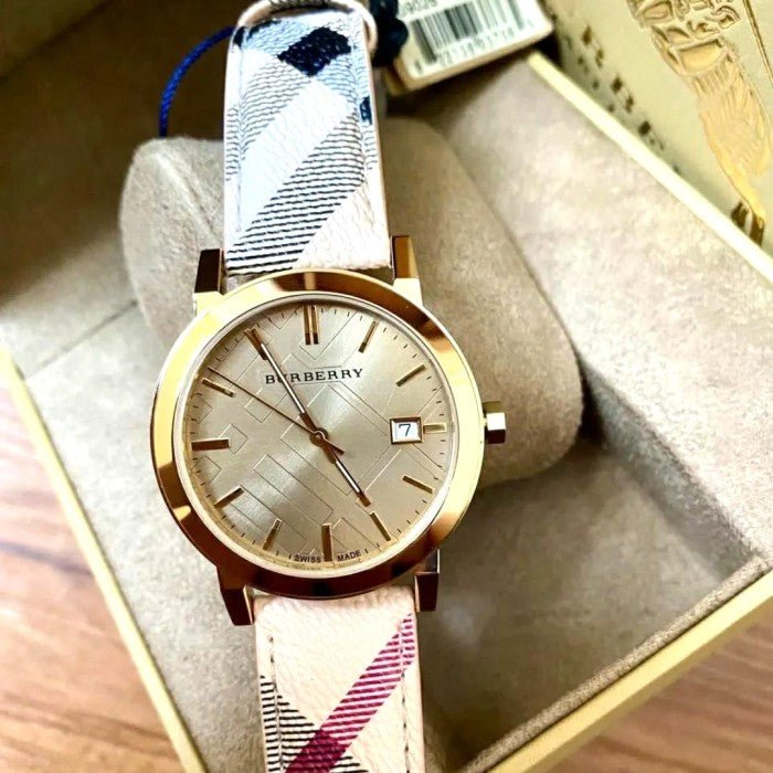 Burberry The City Gold Dial Haymarket Brown Leather Strap Watch for Women - BU9026