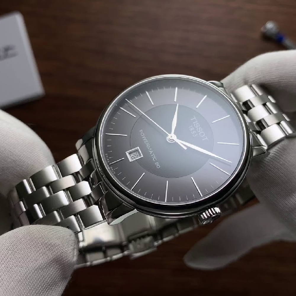 Tissot T Classic Carson Premium Powermatic 80 Black Dial Silver Steel Strap Watch For Men - T122.407.11.051.00