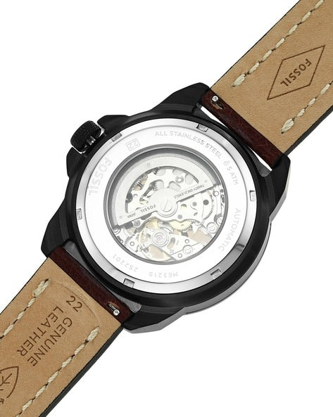Fossil Bronson Automatic Skeleton Black Dial Brown Leather Strap Watch for Men - ME3219