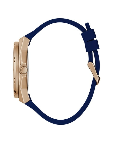 Guess Cubed Analog Rose Gold Dial Blue Leather Strap Watch For Women - GW0665L2