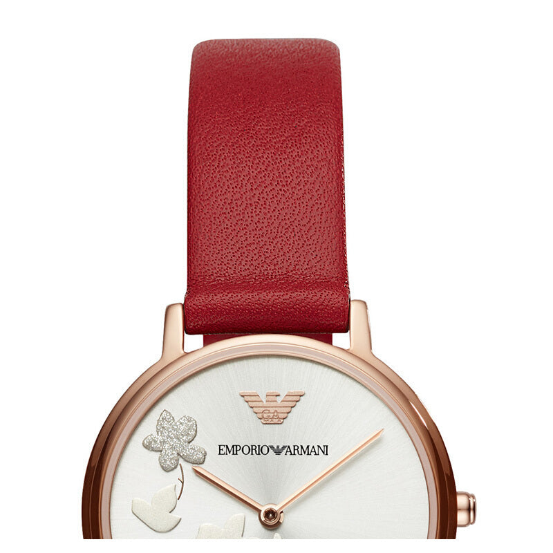Emporio Armani Kappa Classic Quartz Silver Dial Red Leather Strap Watch For Women - AR11114