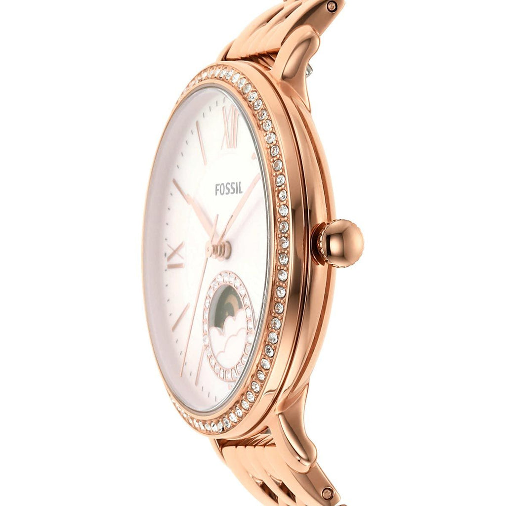 Fossil Jacqueline Analog Moonphase Mother of Pearl White Dial Rose Gold Steel Strap Watch for Women - ES5165