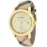 Burberry The City Gold Dial Haymarket Brown Leather Strap Watch for Women - BU9026