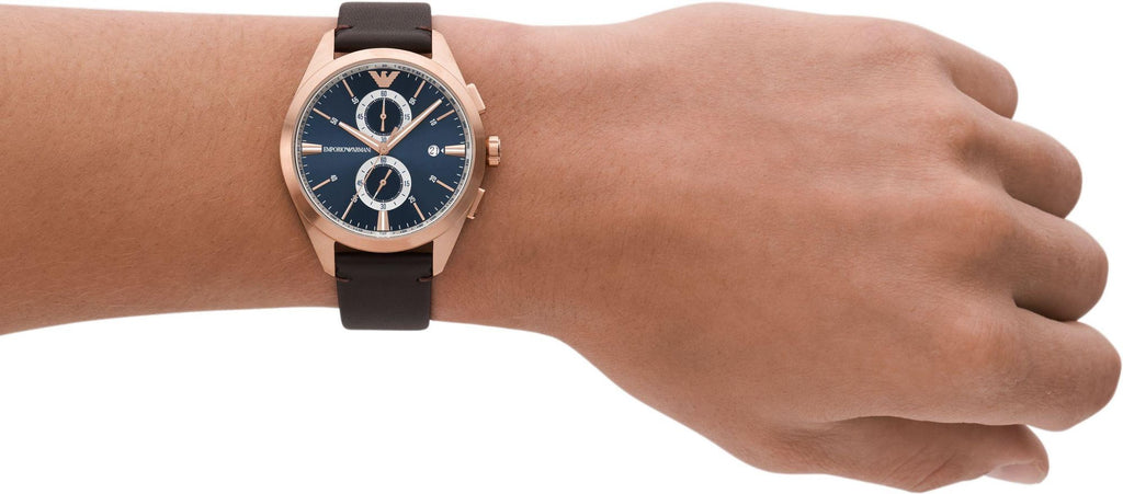 Emporio Armani Claudio Chronograph Blue Dial Brown Leather Strap Watch For Men - AR11554