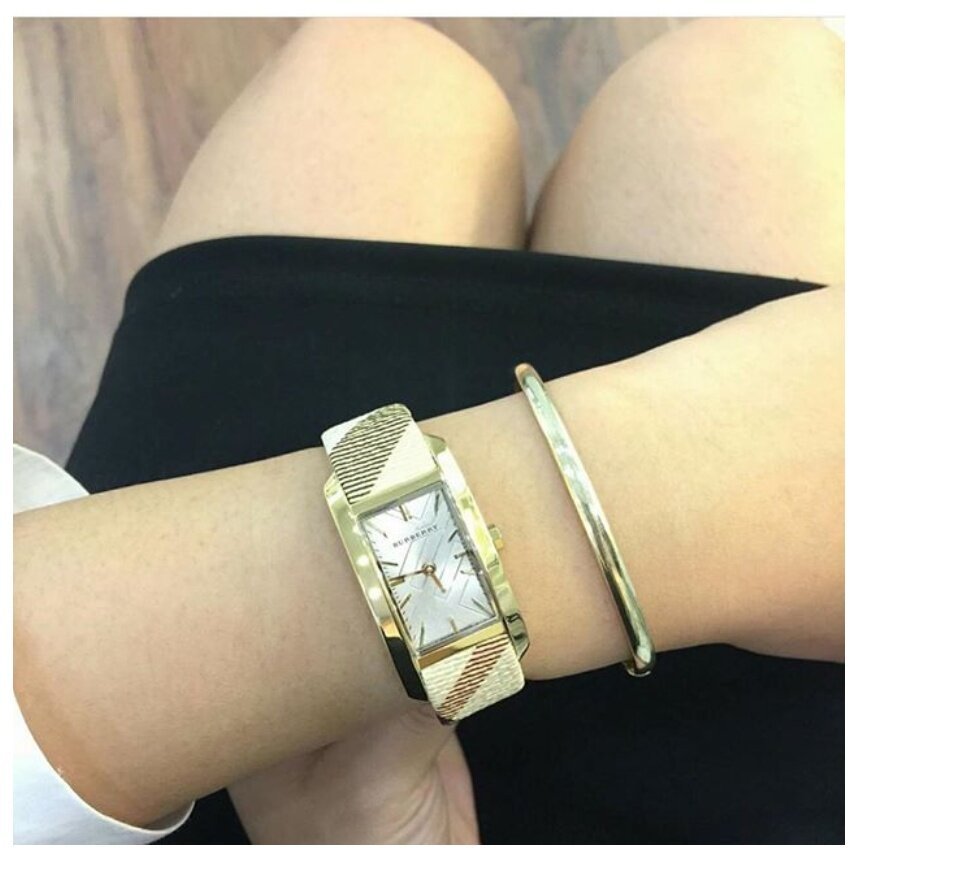 Burberry Pioneer Gold Dial Haymarket Leather Watch for Women - BU9509