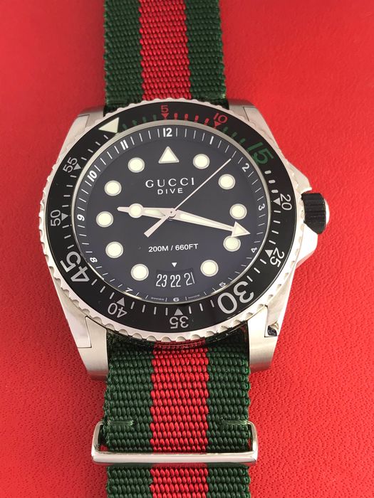 Gucci Dive Black Dial Two Tone NATO Strap Watch For Men - YA136206