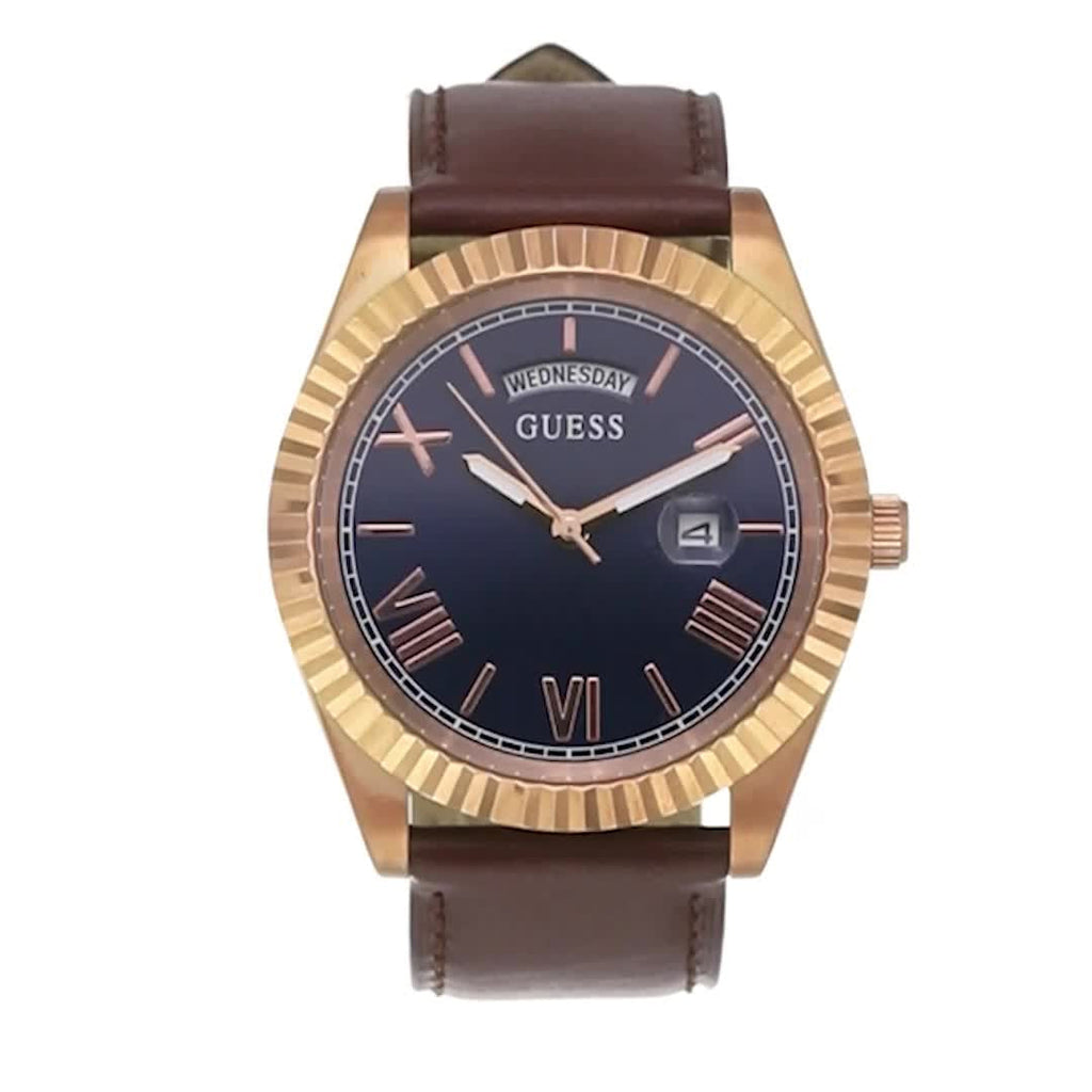 Guess Connoisseur Blue Dial Brown Leather Strap Watch For Men - GW0353G2