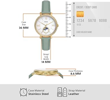 Fossil Jacqueline Analog Moonphase Mother of Pearl White Dial Green Leather Strap Watch for Women - ES5168