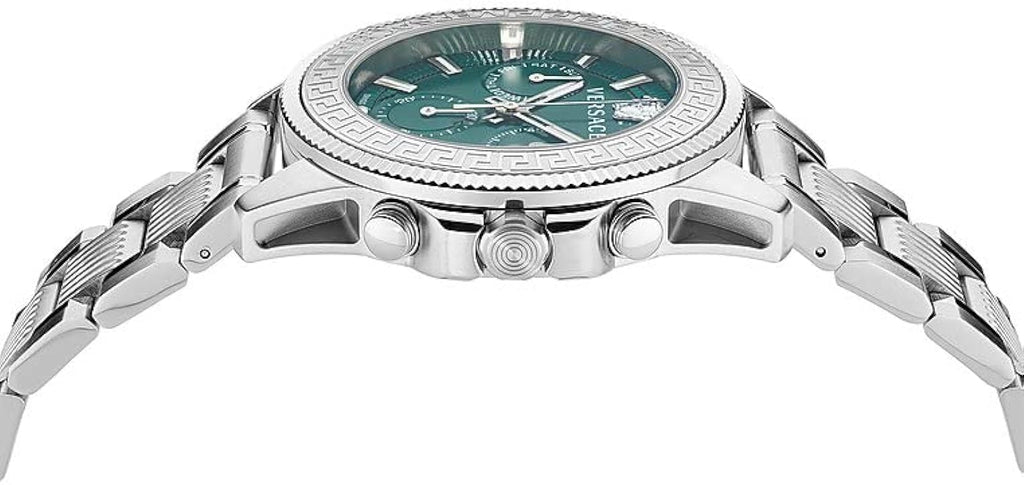 Versace Greca Action Chronograph Quartz Green Dial Silver Steel Strap Watch for Men - VE3J00422