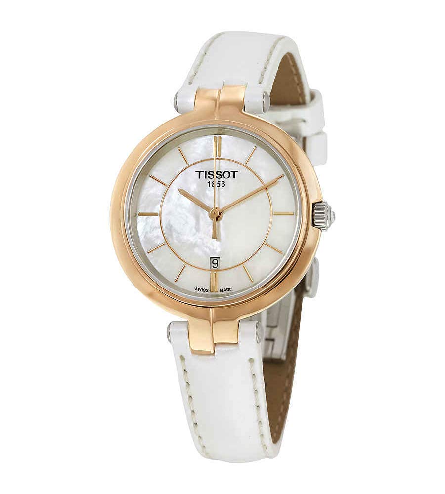 Tissot T Lady Flamingo Mother of Pearl White Dial White Leather Strap Watch For Women - T094.210.26.111.01
