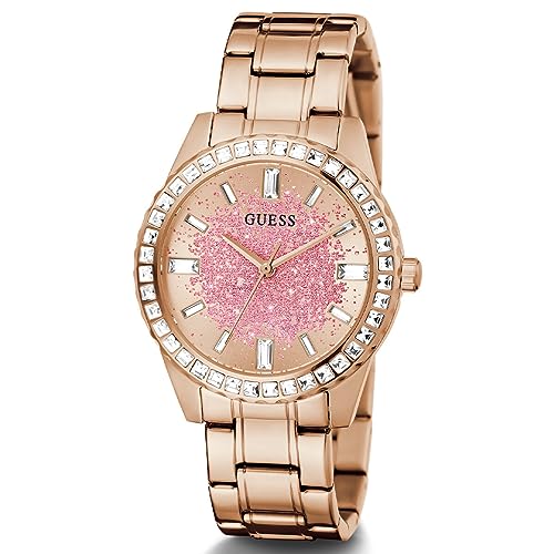 Guess Glitter Diamonds Pink Dial Rose Gold Steel Strap Watch for Women - GW0405L3