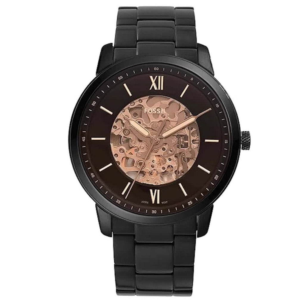 Fossil Neutra Automatic Skeleton Black Dial Black Steel Strap Watch for Men - ME3183