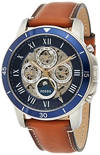 Fossil Grant Sport Automatic Skeleton Blue Dial Brown Leather Strap Watch for Men - ME3140