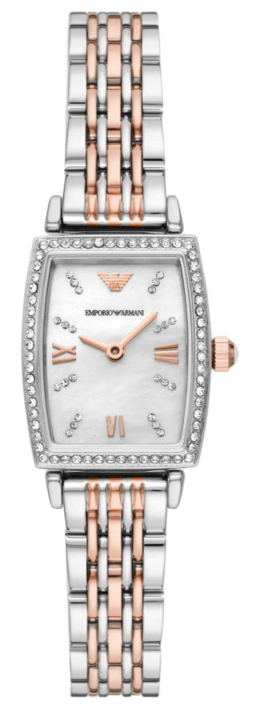 Emporio Armani Gianni T Bar White Mother Of Pearl Dial Two Tone Steel Strap Watch For Women - AR11519