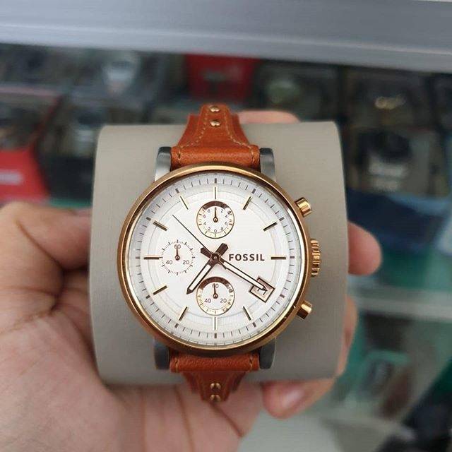 Fossil Boyfriend Chronograph White Dial Brown Leather Strap Watch for Women - ES3837