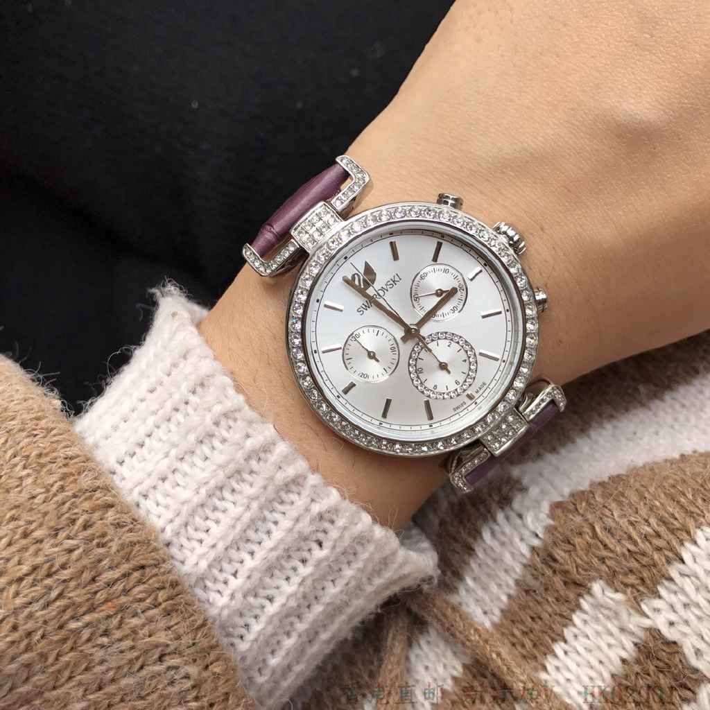 Swarovski Era Journey Chronograph Silver Dial Purple Leather Strap Watch for Women - 5296835