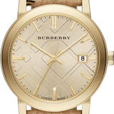 Burberry The City Gold Dial Haymarket Brown Leather Strap Watch for Women - BU9026