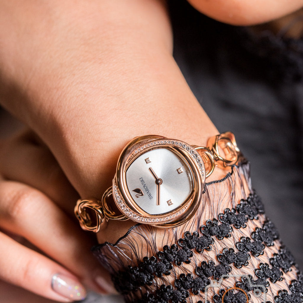 Swarovski Crystal Flower Silver Dial Rose Gold Steel Strap Watch for Women - 5547626