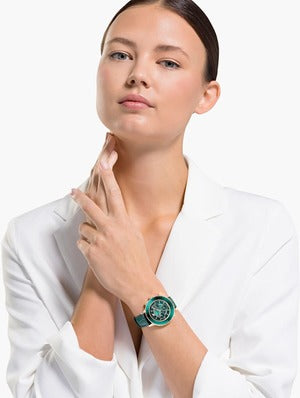Swarovski Octea Lux Chrono Emerald Green Dial Green Leather Strap Watch for Women - 5452498