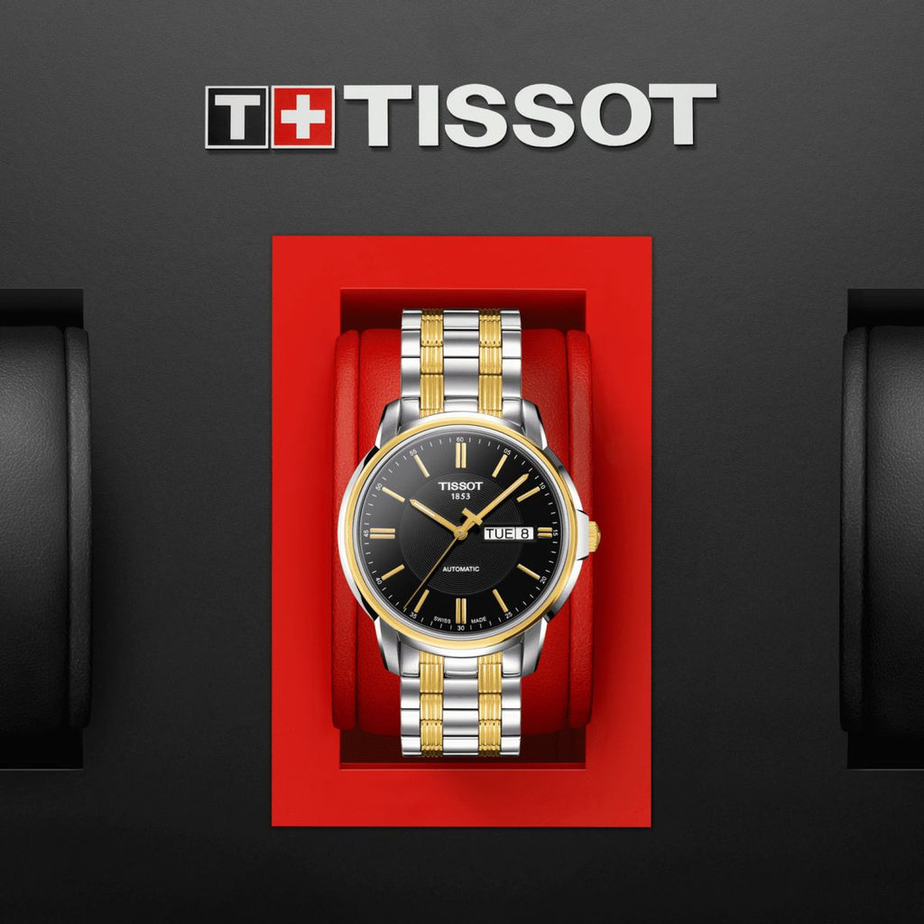Tissot Automatics III Day Date Black Dial Two Tone Steel Strap Watch For Men - T065.430.22.051.00
