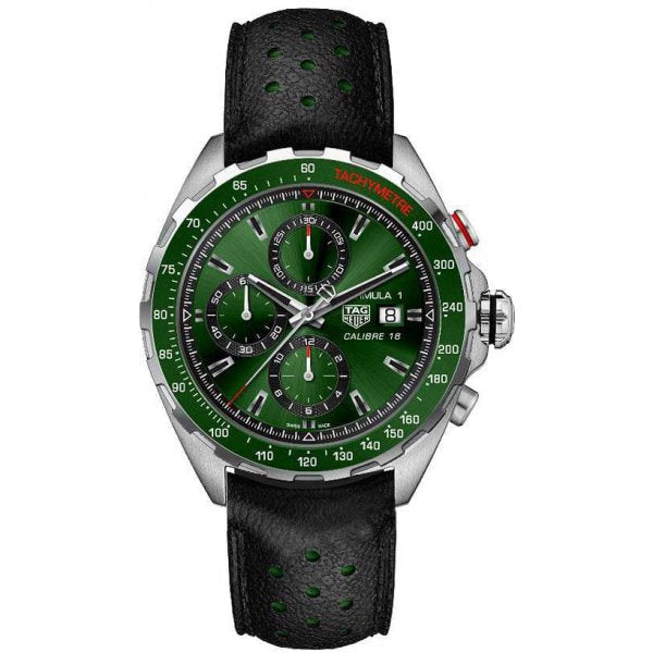 Tag Heuer Formula 1 Calibre 16 Automatic Chronograph Green Dial Black Leather Strap Watch for Men - CAZ2016.FC6473