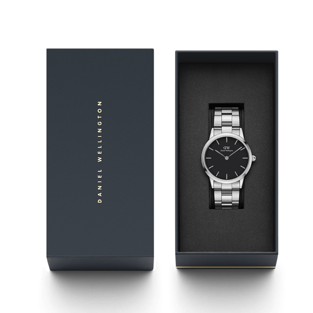Daniel Wellington Iconic Link Black Dial Silver Steel Strap Watch For Women - DW00100342