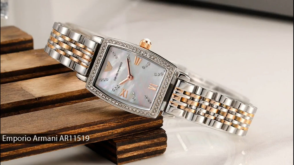 Emporio Armani Gianni T Bar White Mother Of Pearl Dial Two Tone Steel Strap Watch For Women - AR11519