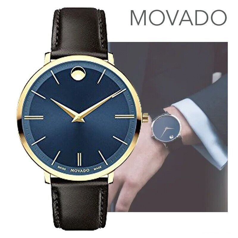 Movado Ultra Slim Blue Dial Brown Leather Strap Watch For Men - 0607088