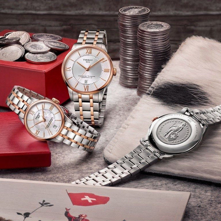 Tissot Chemin des Tourelles Powermatic 80 Helvetic Pride Silver Dial Two Tone Steel Strap Watch for Men - T099.407.22.038.01