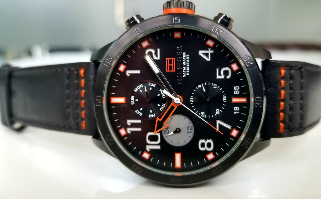 Tommy Hilfiger Trent Multifunction Black Dial Black Leather Strap Watch for Men - 1791136