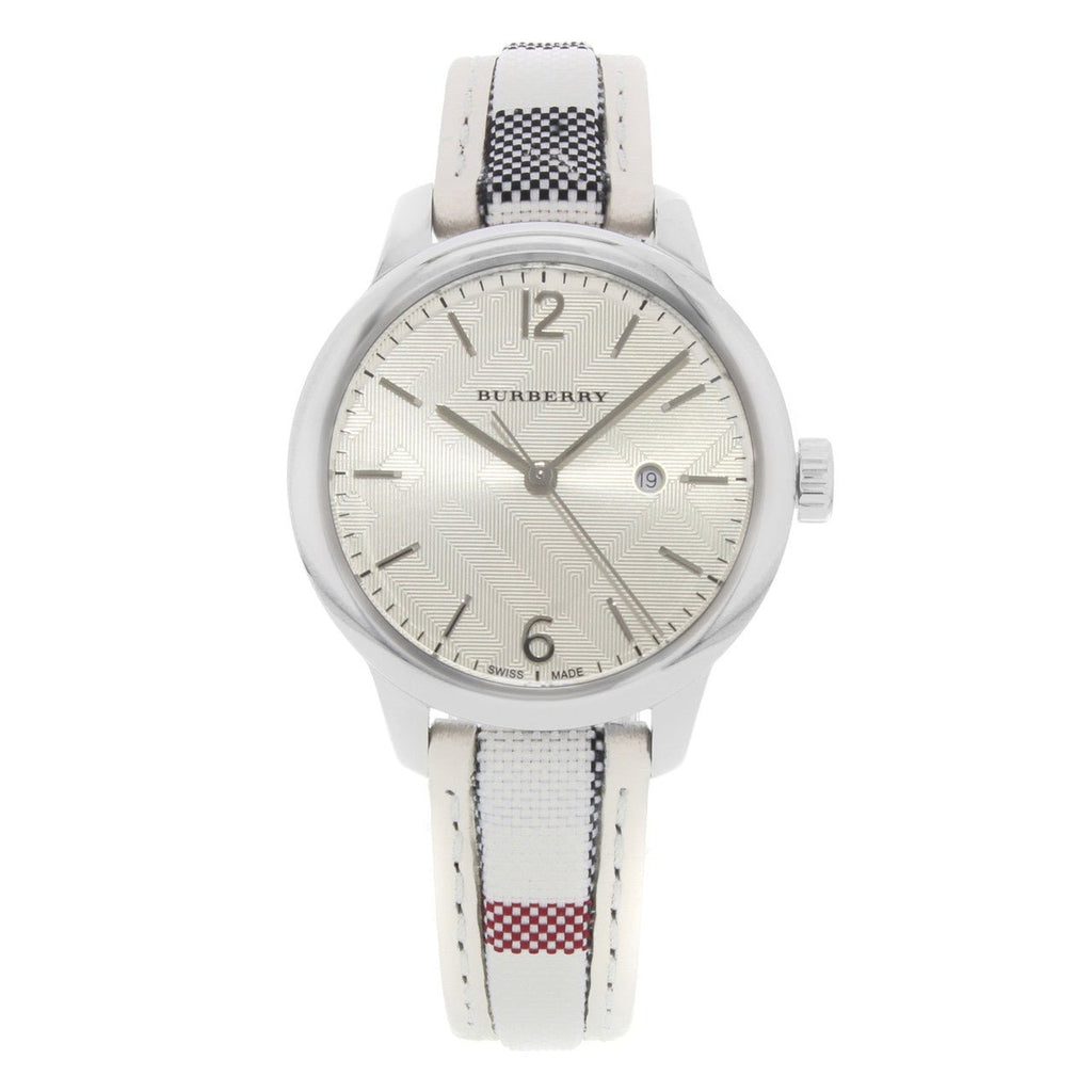 Burberry The Classic Guilloche Silver Dial Grey Leather Strap Watch for Women - BU10113